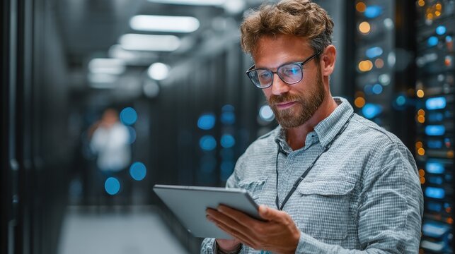 Professional IT specialist managing network server infrastructure tablet holographic data flow icons high tech corporate data center room security 