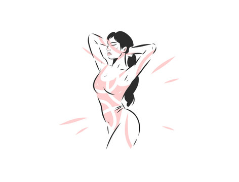 Relaxed Sensual Woman with Hands Behind Head, Female Body and Self Love, Body Positivity, Inner Peace, Emotional Wellbeing and Mental Health Vector Illustration