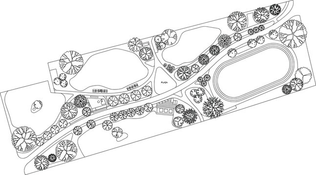 Landscape architectural site plan with park design, walking paths, trees, and sports field layout