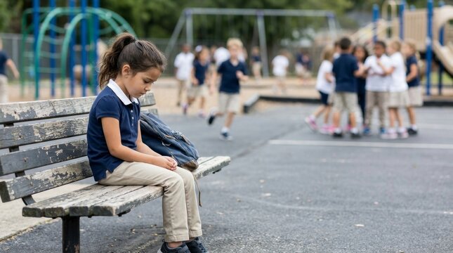 Sad schoolgirl sitting alone on a playground bench while classmates gather in the background after school