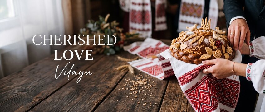 Traditional Ukrainian wedding bread korovai on embroidered rushnyk towel during ethnic marriage ceremony celebration, decorated with wheat and tryzub symbol on wooden table background, stock banner.