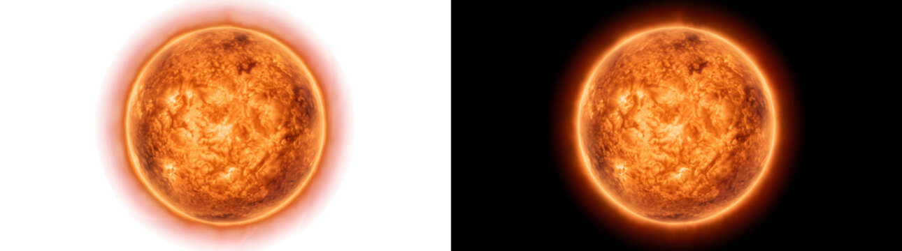 Flaming sun sphere with dark patchy clouds and bright burning fire spots perfect for astronomy design projects available in PNG, Transparent and Black Background Versions