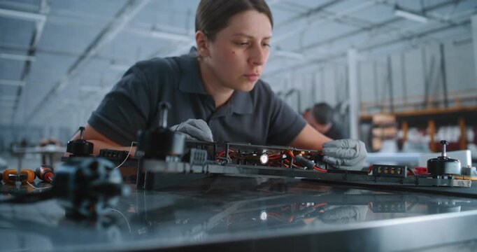 Professional Female Specialist Builds FPV Drone Frame on Industrial Assembly Line, Representing Modern Defense Manufacturing Advanced Aerospace Production in Large Factory. Concept of Production Line.