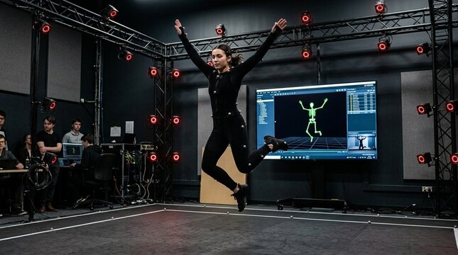 Motion Capture Studio: Woman Jumping, Digital Skeleton Animation on Screen