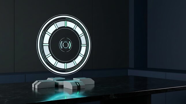 Holographic radial projector shines circular UI design on sleek dark marble boardroom table.