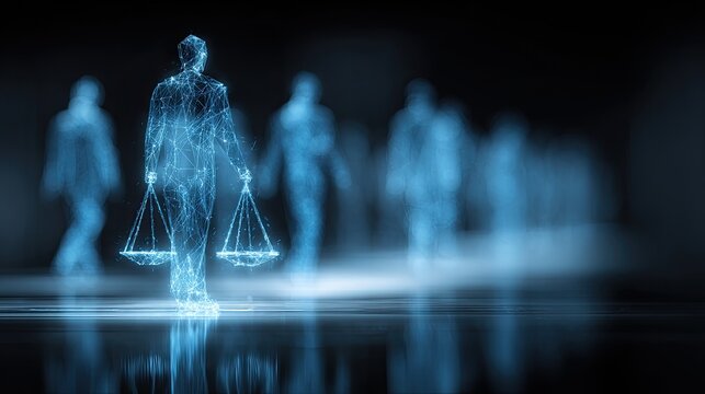 Professional legal team meeting glass office holographic law book scales justice icons corporate legal services compliance policy agreement image