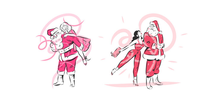 Christmas Santa Claus and Woman Vector Set, Romantic Holiday Couple with Gift, Santa Hugging Woman, Christmas Love, Sale and Festive Line Art Collection