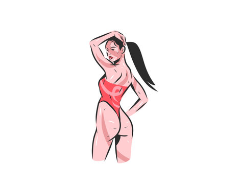 Confident Woman in Red Swimsuit, Feminine Body and Self Love Vector Illustration, Body Positivity, Emotional Wellbeing, Female Confidence and Beauty