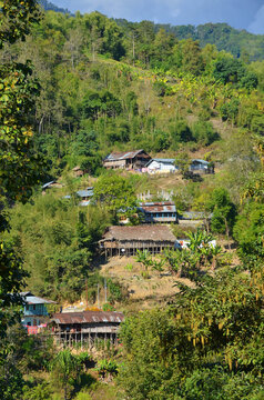 View of the Raga village of the Miri tribe or Mising in the Indian Arunchal Pradesh state
