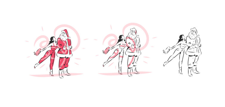 Santa Claus and Woman Christmas Vector Set, Romantic Holiday Couple with Gift, Color and Black Line Art, Christmas Shopping, Sale and Festive Illustration