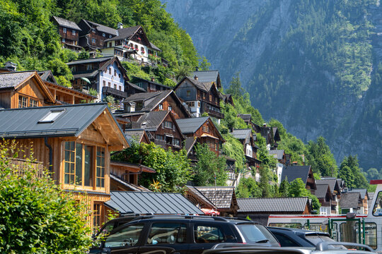 Hallstatt city old traditional Wooden Houses with Wooden Balcony in Alpine Village rural street. Hallstatt, Austria street