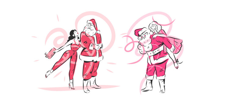 Santa Claus and Woman Christmas Vector Set, Romantic Holiday Couple with Gift, Christmas Love, Shopping, Sale and Festive Celebration Illustration