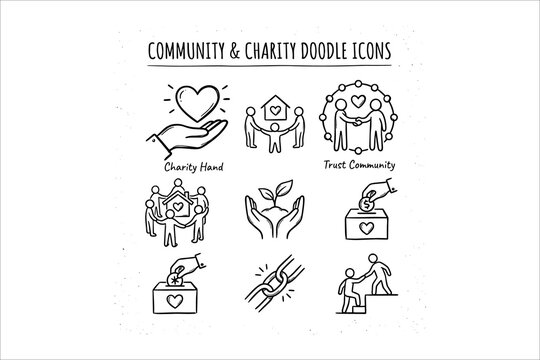 Hand-drawn community and charity doodle icons set with hearts and people