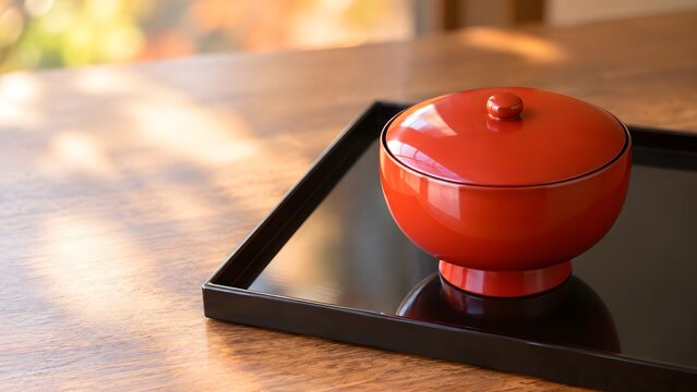 朱塗りの汁椀と黒い折敷 蓋をした漆器のつや 秋の和の食卓