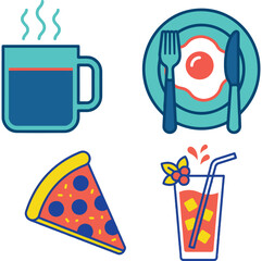 Fototapeta premium Set of colorful food and drink icons featuring coffee pizza breakfast and cocktail vector illustration