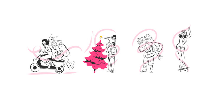 Christmas Couple and Santa Claus Holiday Vector Set, Romantic Winter Characters, Christmas Tree, Scooter Ride and Festive Hand Drawn Illustrations