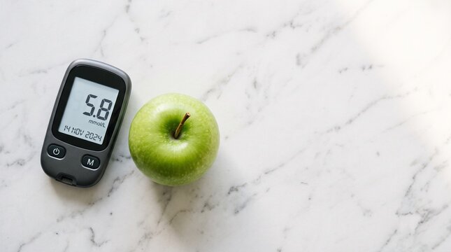 Blood glucose meter showing normal reading and a fresh green apple on a white marble surface for World Diabetes Day healthy diet and prevention concept