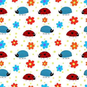 Flower beetles, digital illustration. Colorful bugs and multicolored flowers on a white background, seamless pattern.