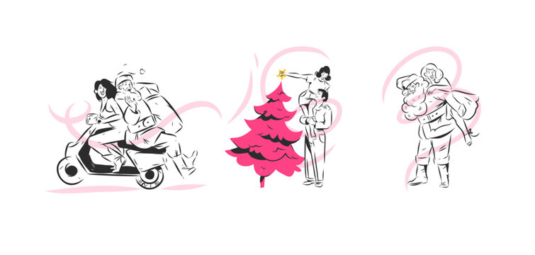 Christmas Santa Claus and Happy Couple Vector Set, Romantic Holiday Scenes, Christmas Tree Decorating, Scooter Ride and Festive Hand Drawn Characters