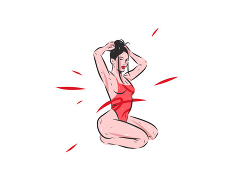 Beautiful Woman in Red Swimsuit Vector Illustration, Sensual Female Body, Body Positivity, Self Love, Feminine Beauty and Fashion Hand Drawn Line Art