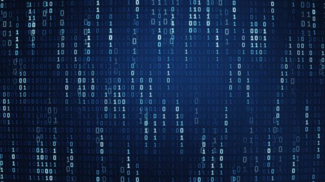 Digital Binary Code Falling on Dark Blue Screen Background