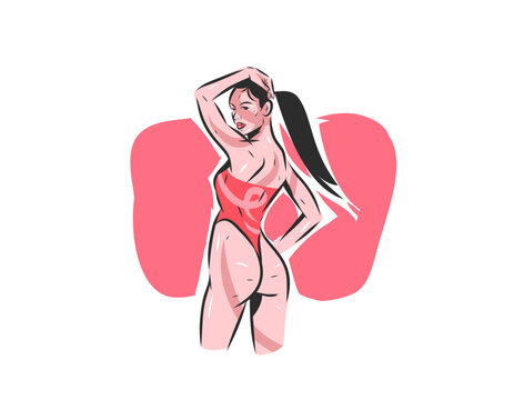 Confident Woman in Red Swimsuit Vector Illustration, Sensual Female Body, Self Love, Body Positivity, Emotional Wellbeing, Psychology and Feminine Beauty