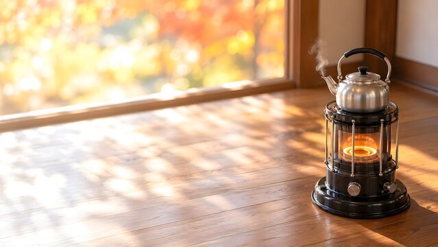 窓辺の石油ストーブとやかん 紅葉の光が差す板の間 秋から冬支度の和の暮らし