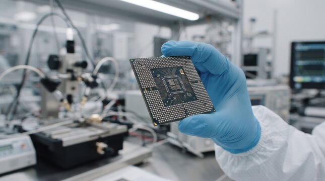 A scientist wearing protective cleanroom gear holds an advanced computer microchip processor inside a modern semiconductor manufacturing and testing laboratory.