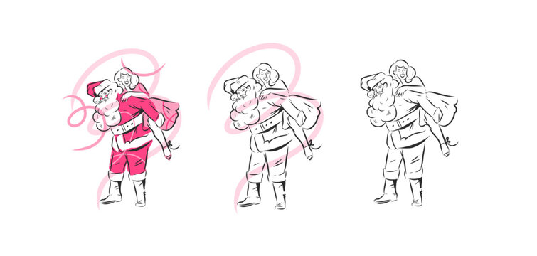 Santa Claus Carrying Happy Woman on His Back, Funny Romantic Christmas Couple, Love and Holiday Celebration, Hand Drawn Festive Vector Illustration Set