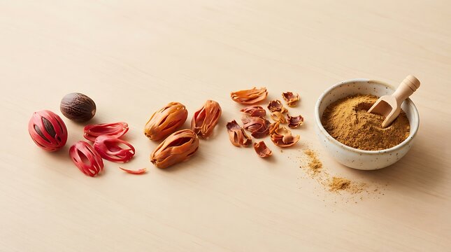 Nutmeg and mace spices with ground powder in a bowl on a light wooden background.