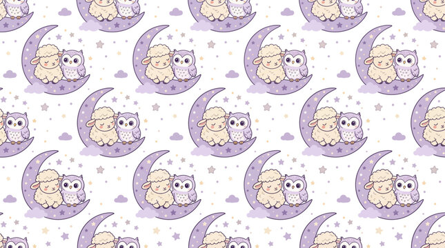 Cute seamless pattern with cartoon sheep and owl sitting on a purple crescent moon among twinkling stars and clouds for nursery decor