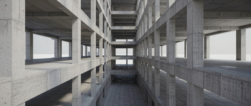Unfinished concrete building interior with brutalist architecture frame and modern construction columns