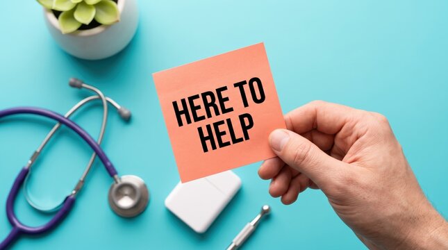 Human hand holding orange sticky note displaying here to help text near medical equipment on bright cyan office desk surface
