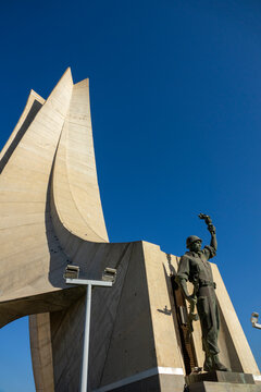 Concrete blades and bronze soldier statue of the Martyrs' Memorial monument, North Africa, Algiers, Algeria