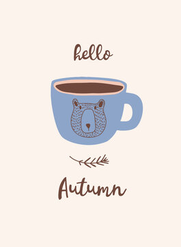 Hello Autumn Mug with Bear Face Illustration