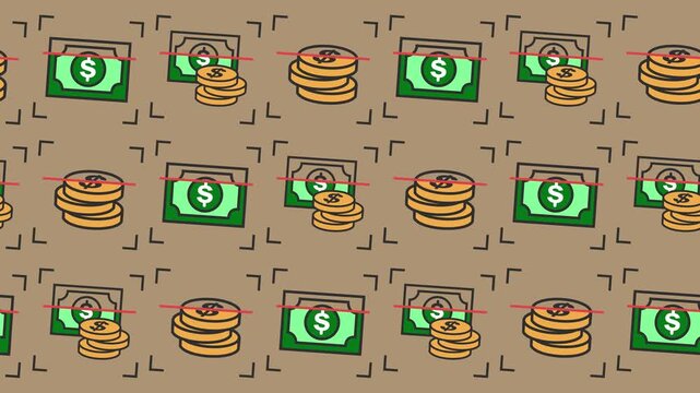 Seamless pattern of money scanning, paper bill cash, stack of gold dollar coins, and red laser scan line on beige background animation for digital payment processing and currency scanning wallpaper.
