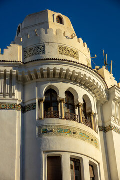 Neo-Moorish tower with crenellations and horseshoe-arch windows on a historic building, North Africa, Algiers, Algeria