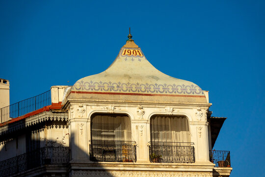 Ornate rooftop turret of a 1901 Belle &Eacute;poque building with dated plaque, North Africa, Algiers, Algeria