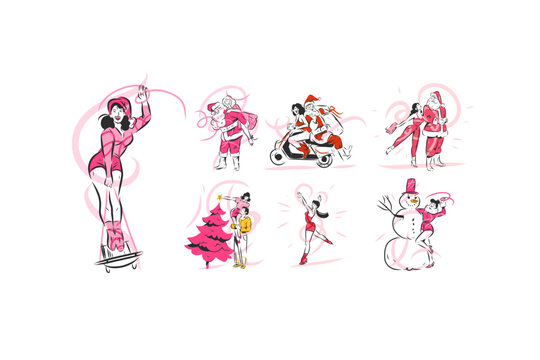Christmas Holiday People Vector Set, Santa Claus, Women, Gifts, Shopping, Sale, Christmas Tree, Snowman, Ice Skating and Winter Celebration Collection
