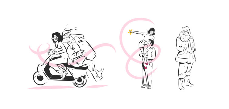 Santa Claus and Christmas Couple Vector Set, Hand Drawn Holiday People with Santa Riding Scooter, Romantic Couple and Festive Winter Characters Line Art Collection