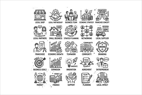 Set of sixteen black and white hand-drawn icons representing local business and community development concepts