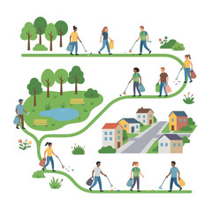 Fototapeta premium Volunteers cleaning up trash along path through neighborhood park and residential area flat vector illustration