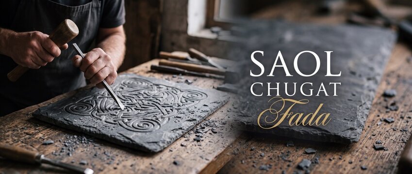 Stone carver sculpting Celtic pattern into slate with chisel and mallet in rustic artisan workshop creating traditional Irish heritage plaque with Gaelic text Saol Chugat Fada art banner background.