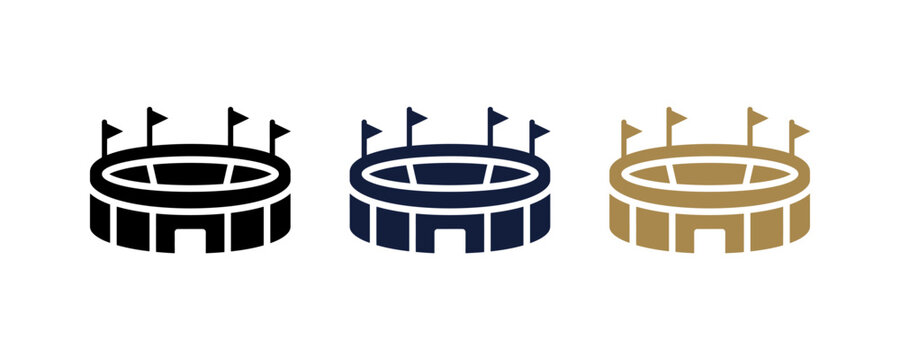 Set of three stadium icons in black navy and gold colors with flags on top.