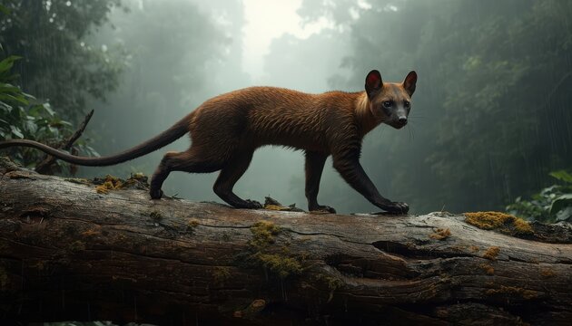 Fossa walks carefully along a wet fallen tree trunk surrounded by dense misty vegetation in a tropical jungle.