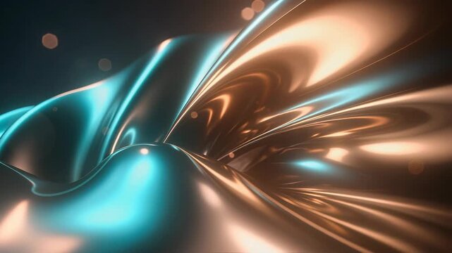 Abstract teal and copper flowing waves in a glossy style on a dark background, expressing motion, energy, and modern technology