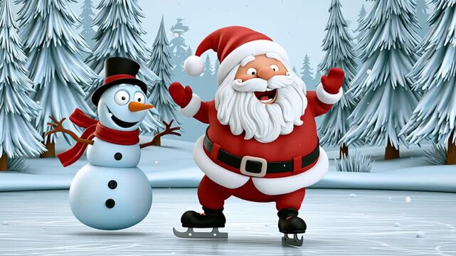 Cartoon cute funny Santa Claus and snowman skating in the forest, animation