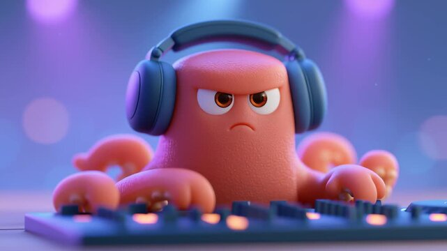 Cute but angry cartoon octopus character wearing headphones and using its tentacles as a dj, intensely mixing music on a turntable with colorful lights creating a vibrant bokeh background