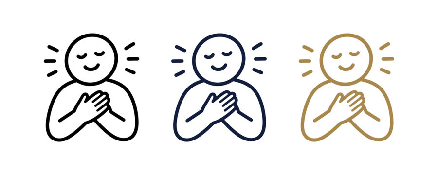 Set of three line icons representing gratitude mindfulness and inner peace with hands on chest.
