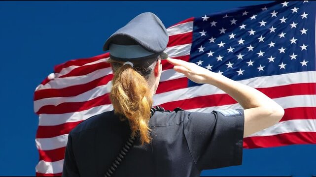 Police Salutes before American Flag